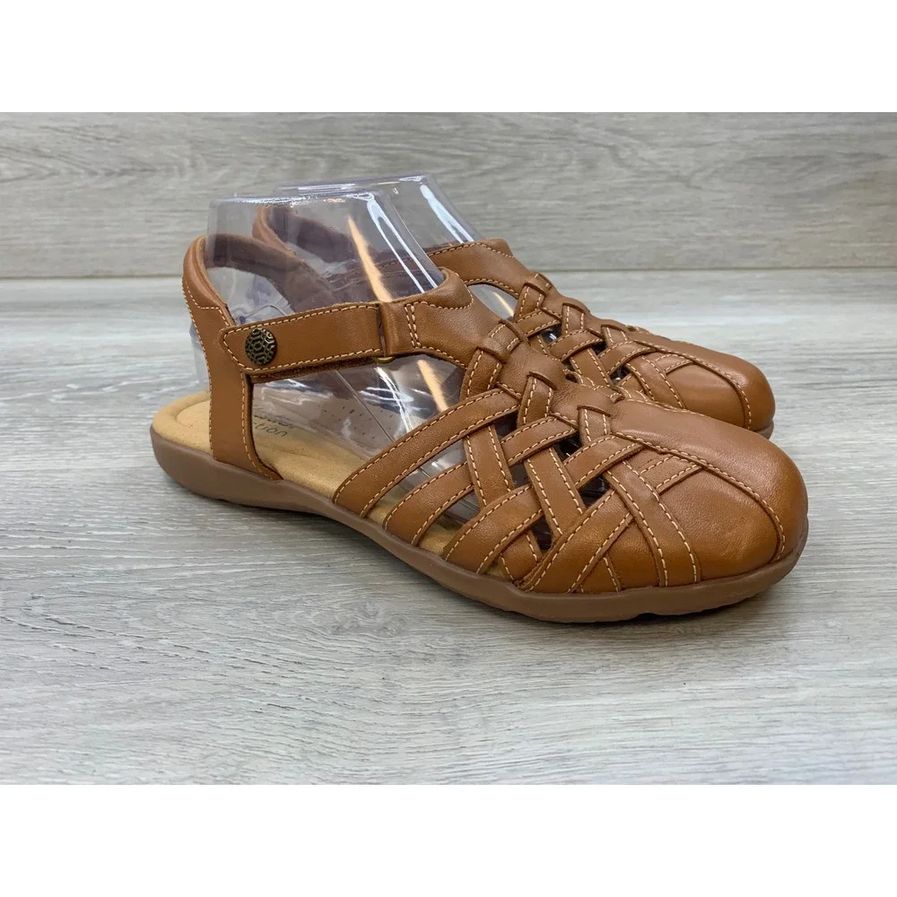 Clarks Collection ElizaBelle Mia Tan Leather Fisherman Sandals Women's 7 W Wide